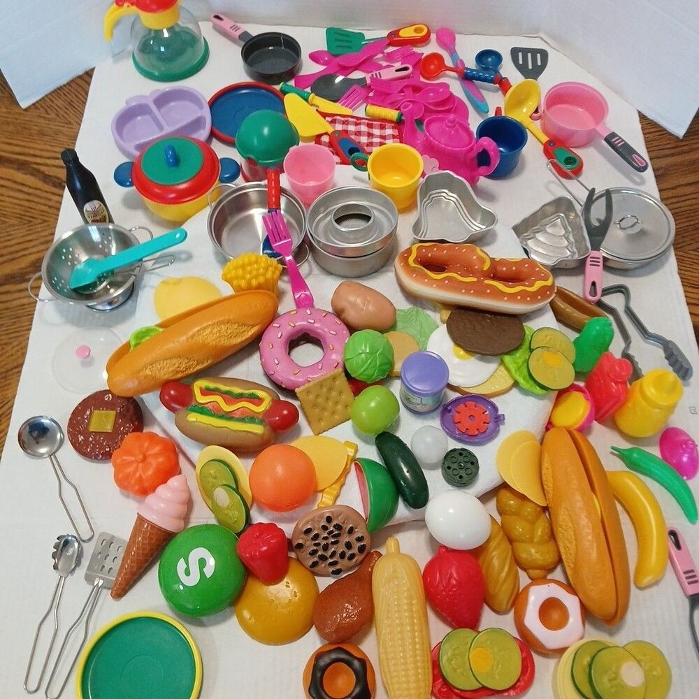 100+ Lot of Kids Pretend Play Toy Food, Dishes, Utensils, Pots, Pans for Kitchen - Picture 2 of 16